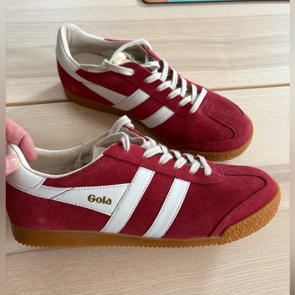 Gola Elan Women's Deep Red Suede Sneakers with White Stripes and Gum Sole